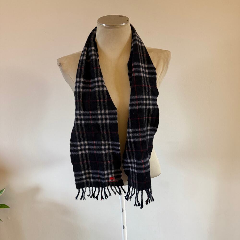 Vintage Burberry Blue Check Fringe Scarf 100% Wool Made in England